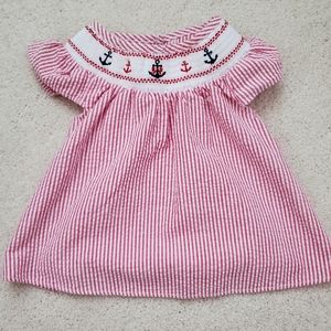 Good Lad Baby Girls Red Seersucker Smocked and Embroidered Anchor Top sz3m
